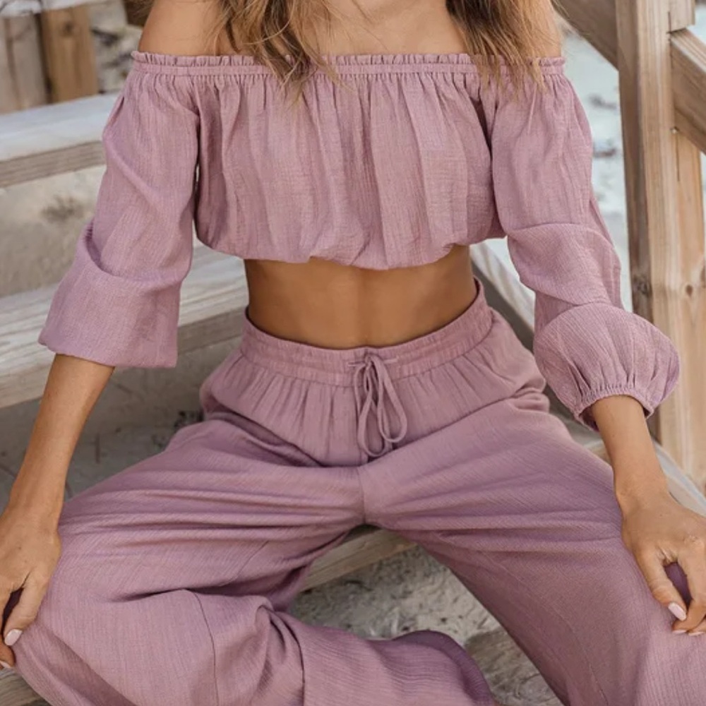 Women's Off-Shoulder Two-Piece Lounge Set - Dusty Rose